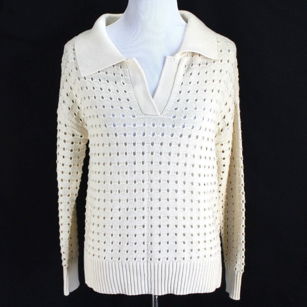 Joie Sweater Womens Sz S Ivory Open Knit Collared V Neck Pullover Cotton Blend